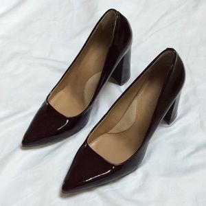 Burgundy patent leather block heels